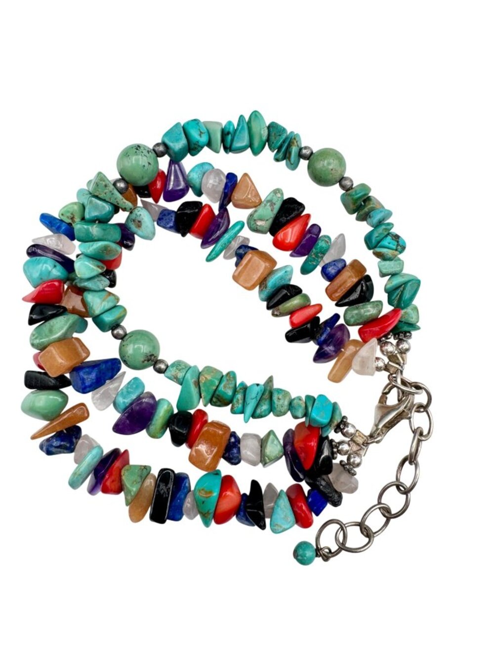 Multi-Strand Southwestern Gemstone Bracelet .925 Turquoise Coral Amethyst Lapis